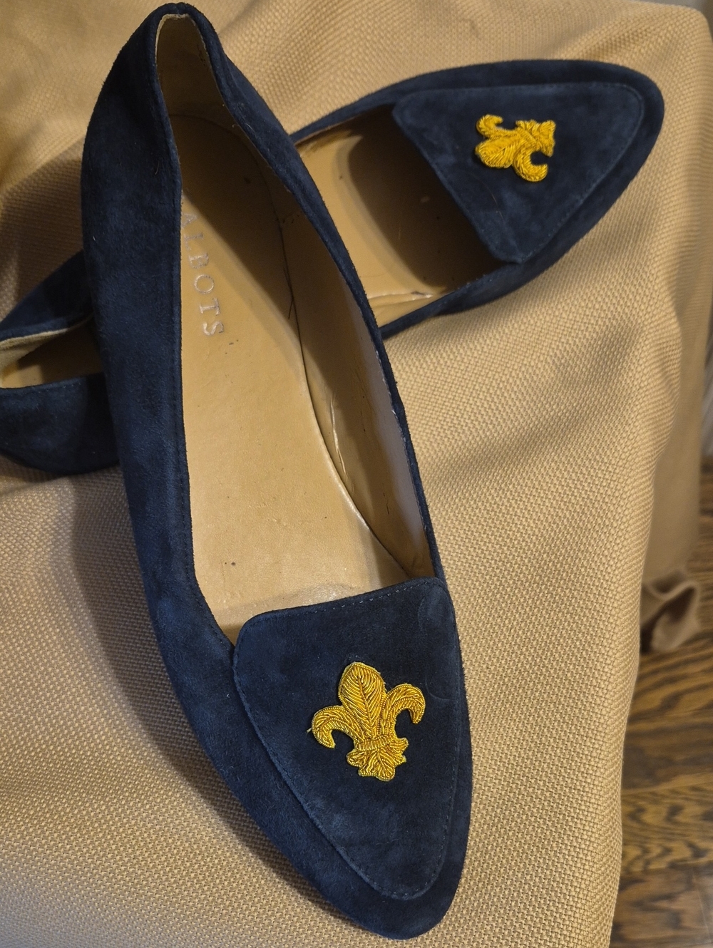 TALBOTS Navy Suede Loafers with Gold Embroidered Fleur-de-Lis Size 8 1/2 M